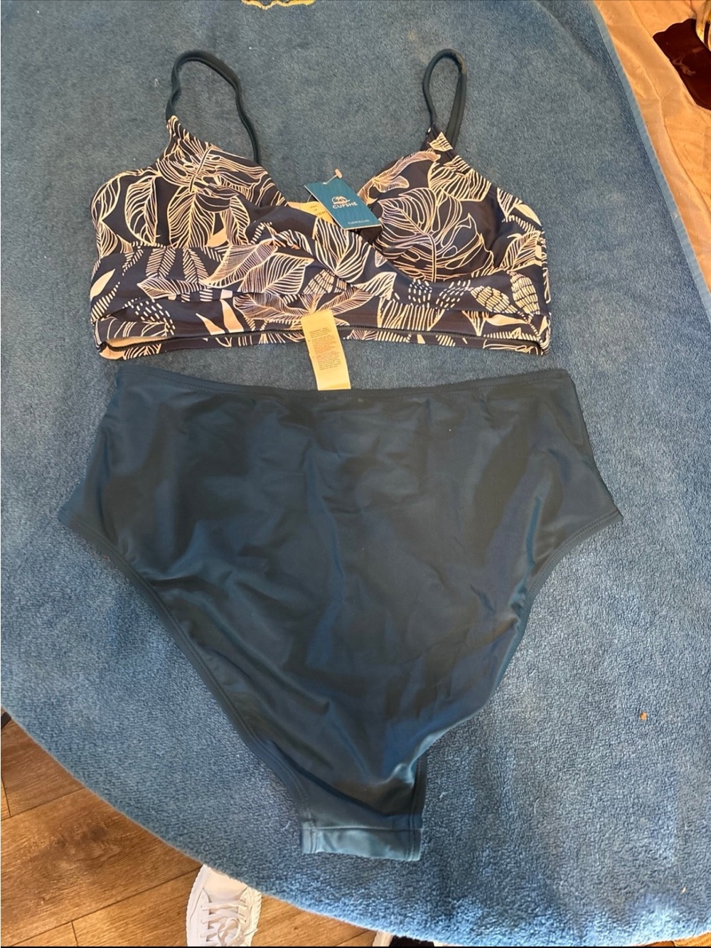 High-Waist Two-Piece Swim Set in Navy and Cream